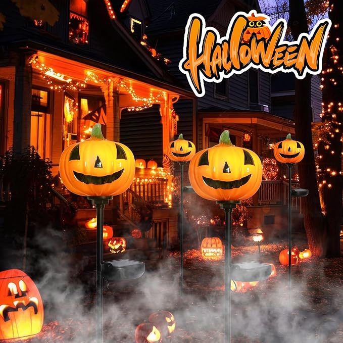 Afirst Halloween Pumpkin Pathway Solar Lights Handblown Glass Halloween Jack O Lantern Halloween Yard Display Solar LED Outdoor Décor Front Porch Decor 2 Pack, Orange