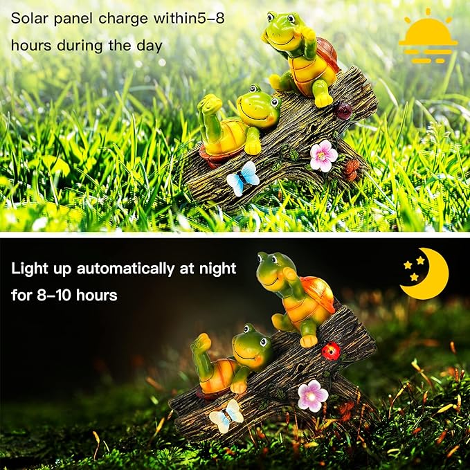 Garden Turtle Figurines Outdoor Decorations, Solar Statue Sweet Frog Face Turtles Decor with 4 LED Lights, Garden Resin Statue for Patio Lawn Porch Yard,Gifts for Birthday Easter Housewarming
