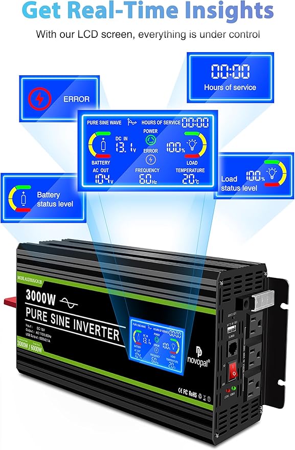 NOVOPAL 3000 Watt Pure Sine Wave Power Inverter DC 12V to AC 110V 120V Rv Inverters with 3 AC Outlets,High Power Terminal-16 ft Remote Control, LCD Display for Truck, Hurricane, Home