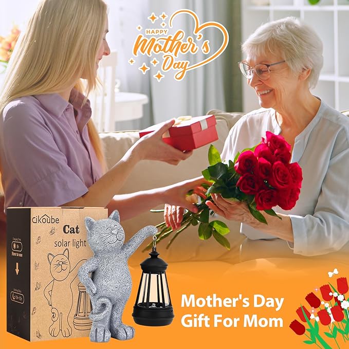 Solar Cat Garden Statues with Solar Lantern, Outdoor Cat Garden Figurines Decorations for Yard Patio Lawn Balcony, Unique Birthday Gifts for Mom Women.