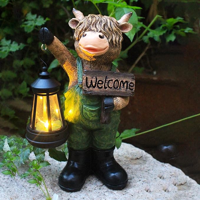 Solar Garden Decor Statues: Handmade Resin Statue with LED Light,Highland Cow Figurine Outdoor Garden Decor Unique Gifts for Women, Mom, Grandma (Green cow1)