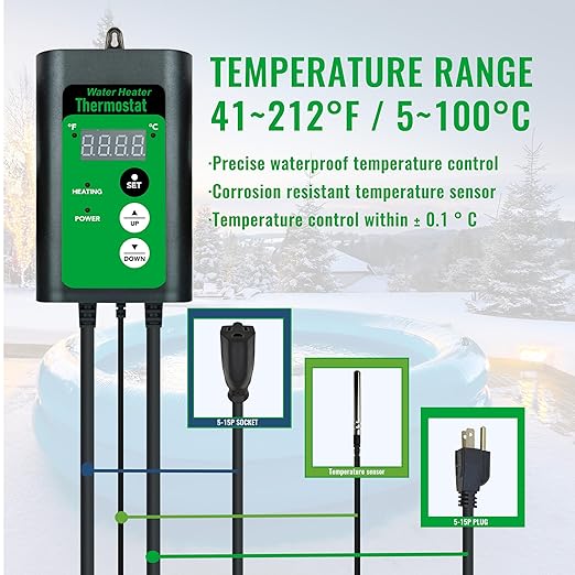 3500W 240V Immersion Water Heater for Hot Tub & Inflatable Pool – Portable Fully Submersible Electric Heater with Thermostat & GFCI for Bathtub, Sap, Above Ground Pool & Baptismal Pool