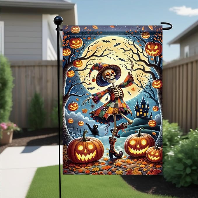 Halloween Garden Flag Skeleton Witch Pumpkin Flag 12x18 Inch Double Sided Fall Halloween Outdoor Decoration Haunted House Party Decor Seasonal Autumn Yard Banner for Home Lawn Patio