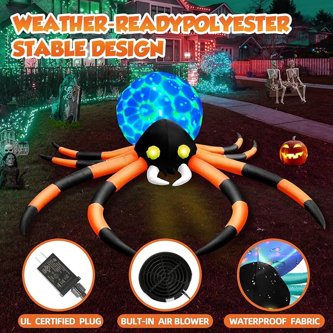 12Ft Giant Halloween Inflatables Spider Built-in 7-Color-Shifting Eyes & 3-Effect-Flashing Belly, Large Halloween Decorations Outdoor Huge Blow Up Yard Decorations Blowups for Holiday- 1PCS（Orange