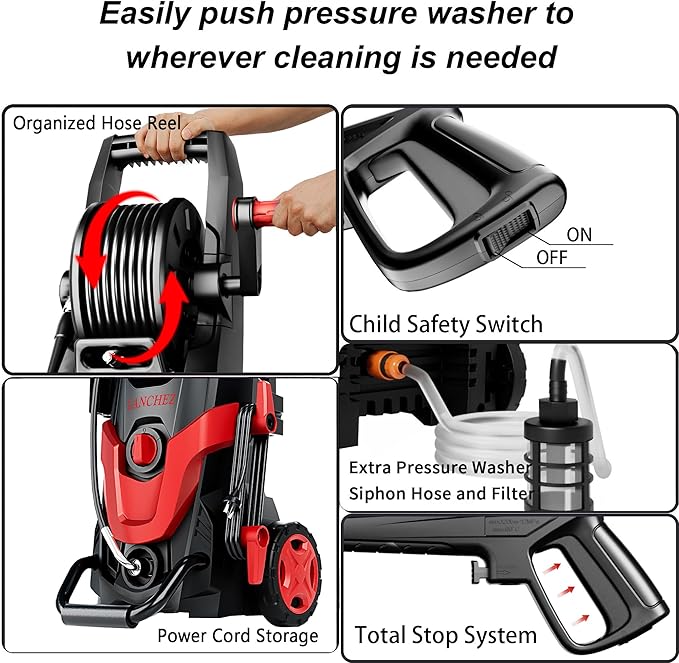 LANCHEZ Pressure Washer 4800PSI with 4 Quick Connect Nozzles, Inlet Hose & Filter&500ML Foam Cannon, Power Washer for Cars/Fences/Driveways/Patios/Home Cleaning (Red)