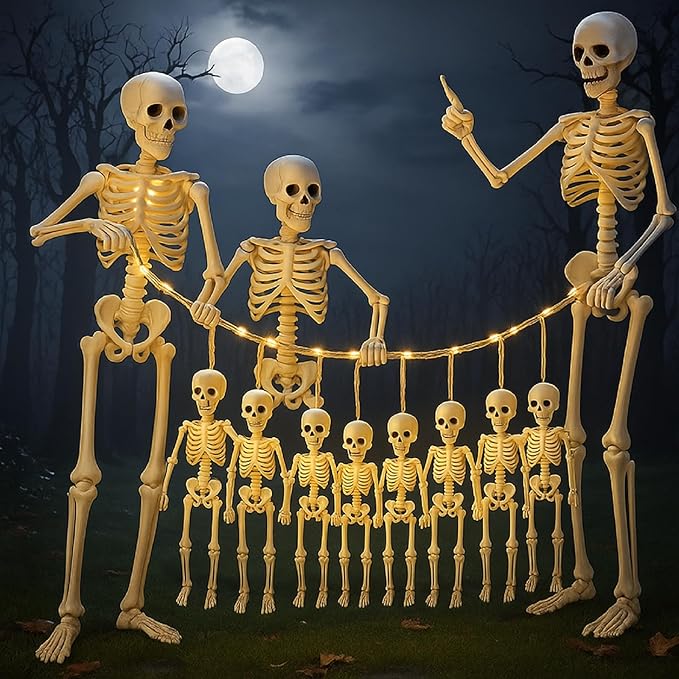 11 Pcs Halloween Skeleton Decorations Realistic Full Body Movable Joints Halloween Plastic Skeleton for Cemetery, Yard, Indoor and Outdoor Party Decoration