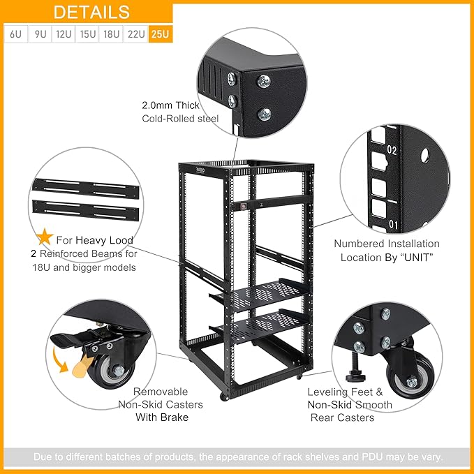 RIVECO 25U Open Frame Server Rack with Wheels + PDU (8 Outlets) Power Strip Surge Protector (2pcs Rack Shelves +1 PDU, 25U)