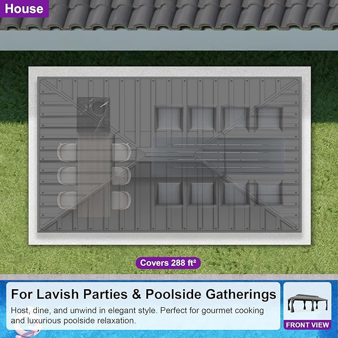 PURPLE LEAF 12' x 24' Outdoor Hardtop Gazebo with Netting and Curtains Galvanized Steel Double Roof and Aluminum Frames Permanent Wind Resistance Pavilion Gazebo for Patio Deck Garden, Light Grey
