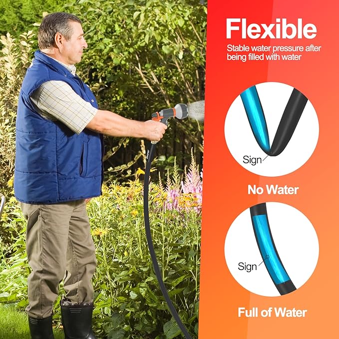 SPECILITE Garden Water Hose 150 ft x 5/8 in Heavy Duty, Flexible and Lightweight, Burst 600 psi, Kink-less Hybrid Rubber Pipe for Backyard, 3/4'' Brass Fittings, Black