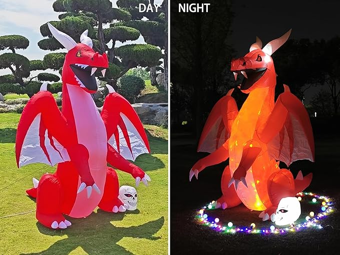 DearSun 8FT H Halloween Inflatable Dragon with Skull Next to The Foot, Blow up Dragon Inflatable with Red Flame lamp Inside Outdoor Decorations Large Party Yard Decoration