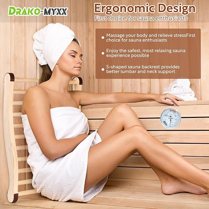 Upgraded Sauna Backrest Sauna Accessories, S-Shaped Design with Non-Slip Pads, Handmade Infrared Sauna Kit, 2 in 1 Thermometer Hygrometer (Fahrenheit) Temperature: 70-250°F, Humidity: 0-100%