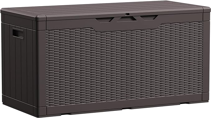 Devoko 100 Gallon Waterproof Large Resin Deck Box Indoor Outdoor Lockable Storage Container for Patio Furniture Cushions Garden Tools (100 Gallon, Dark Brown)