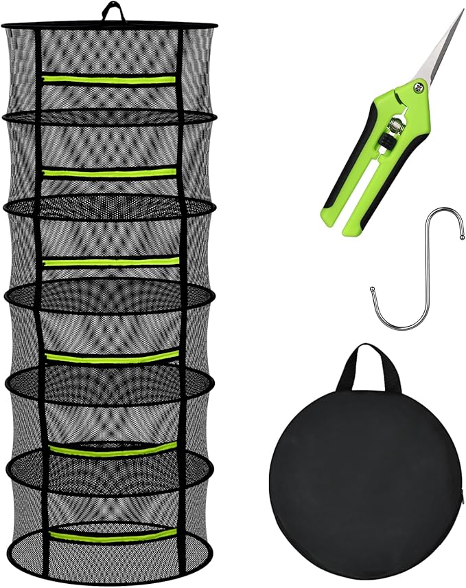 Herb Drying Rack with Mesh Design, Hanging Drying Rack with Green Zipper & Garden Pruning Shears – Versatile Plant Drying Solution (6 Layers)
