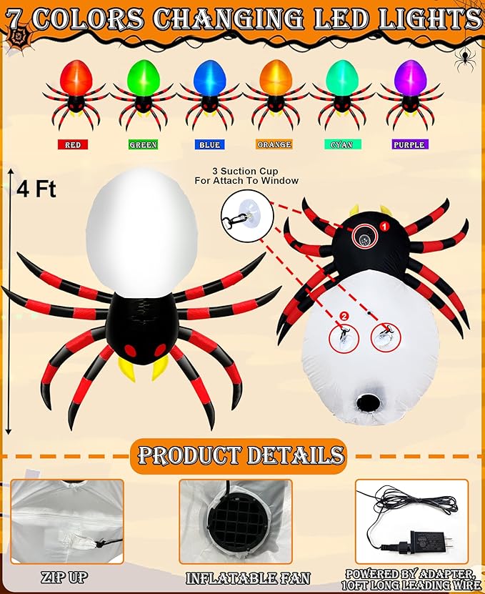 4 Ft Inflatable Halloween Window Decoration, Blow Up Spider Climbing on Window Built-in 6 Color Changing Lights, Halloween Decor for Porch Outdoor Home Party Yard Garden Lawn Holiday Party