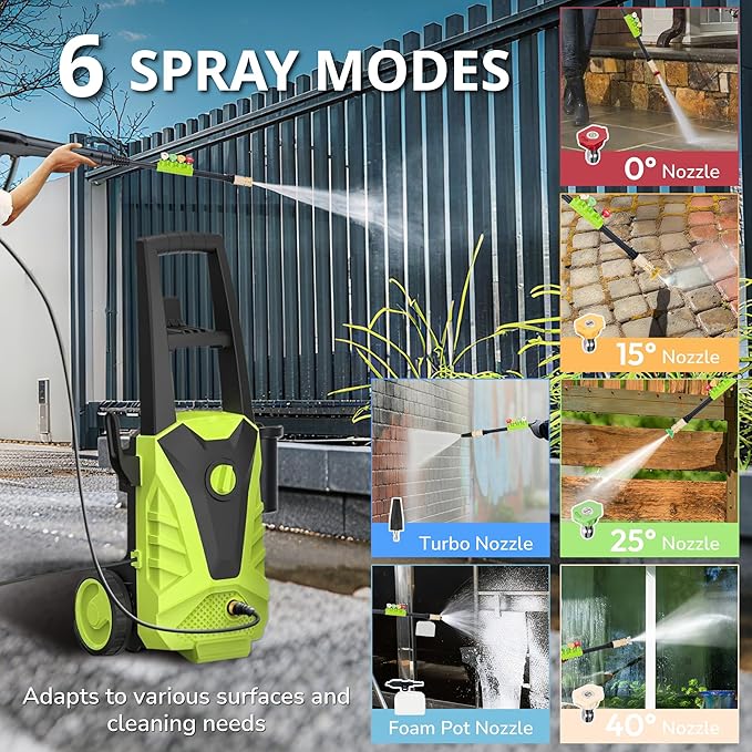 Pressure Washer, 2100PSI Max 2.0GPM Power Washer 16.5FT Power Cord, 23FT Hose&360 Rotation, 4 Nozzles for Driveways Furniture or Cars, Green