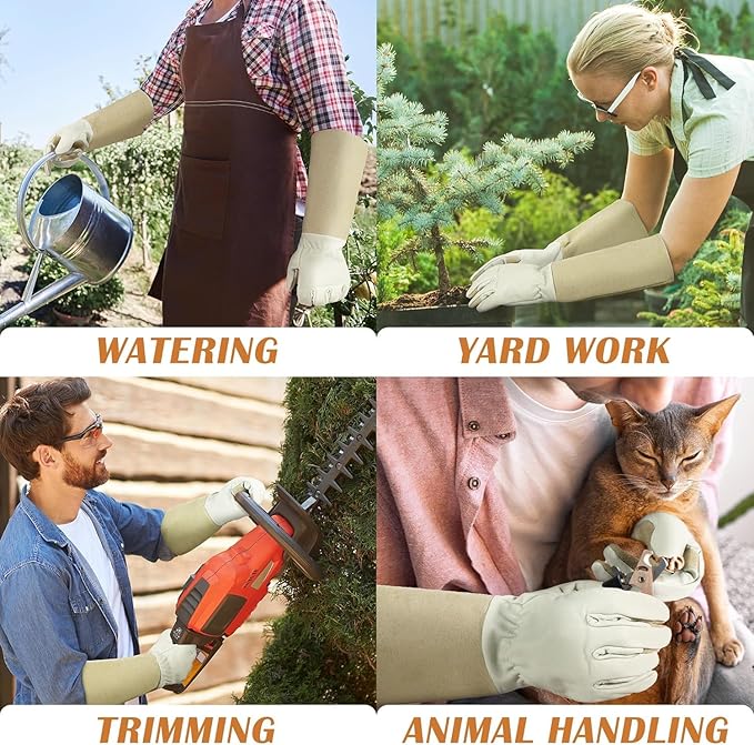 Rose Pruning Gloves for Men & Women, Long Thorn Proof Gardening Gloves, Breathable Pigskin Leather Gauntlet, Best Garden Gifts & Tools for Gardener(Beige White, L)