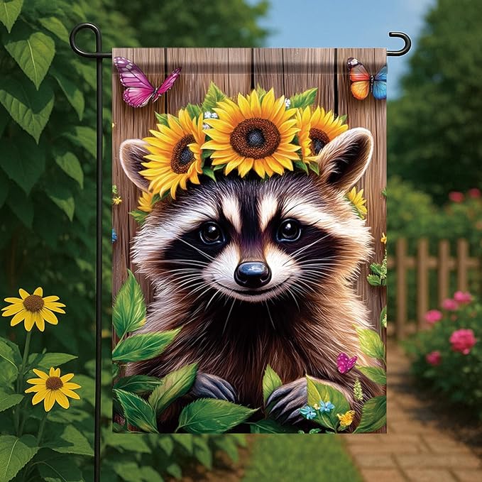 Summer Spring Garden Flag 12x18 Inch Double Sided Cute Raccoon Sunflower Crown Summer Yard Decoration Outdoor Rustic Banner for Porch Lawn Butterfly Floral Farmhouse Seasonal Decor