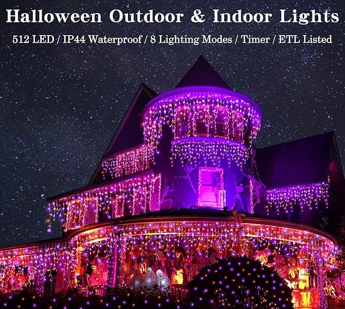 Halloween Icicle Lights Outdoor, 512 LED 46.5 FT 8 Lighting Modes with Timer & Memory, Curtain Fairy String Lights With 96 Drops for Halloween Decorations Holiday Party Eaves Yard (Purple & Orange)