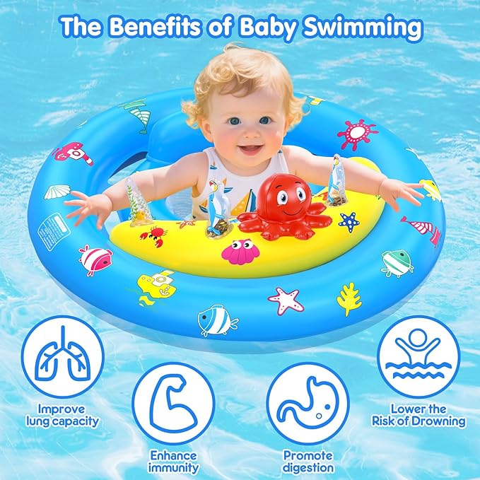 Baby Pool Float with Canopy, Inflatable Baby Swim Float with UPF50+ Sun Protection, Toddler Infant Pool Float with Toy Play Console Adjustable Safety Seat for Kids Girls Boys Aged 6-36 Months
