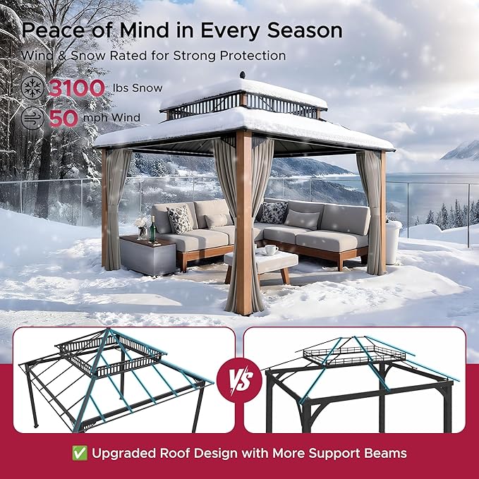 SUNJOY Kingston 12' x 12' Hardtop Gazebo with Galvanized Steel/Polycarbonate Double Roof, Curtain and Netting, Woodgrain Finish Aluminum Posts Permanent Pavilion Gazebo for Garden, Patio, Deck, Lawn