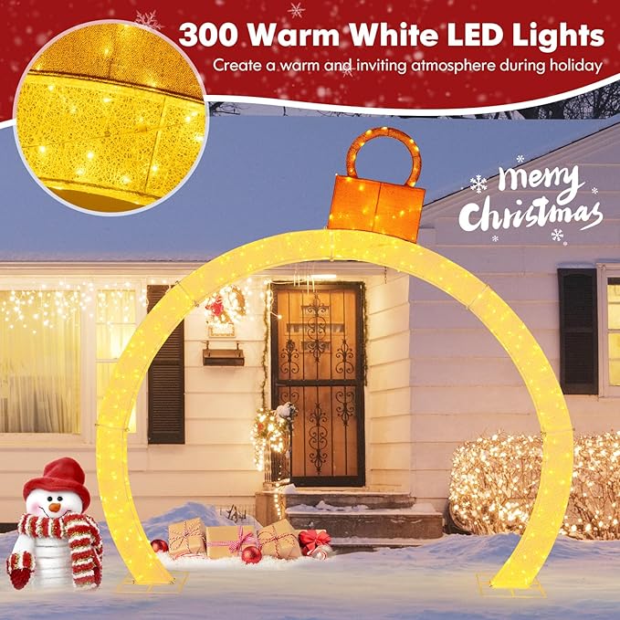 Tangkula 10.5 FT Outdoor Christmas Lighted Archway with Gold Ornament Cap, 300 Warm White LED Lights, Zip Ties & Stakes, Holiday Xmas Yard Decorations