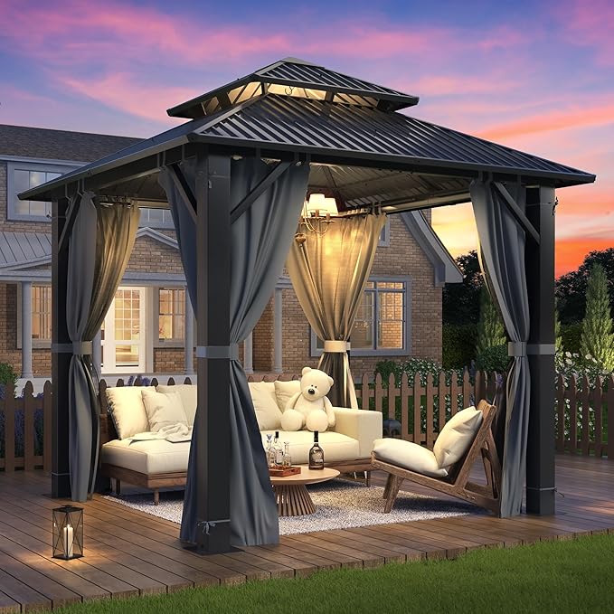GARTOO 8.5x8.5FT Outdoor Hardtop Gazebo - Aluminum Heavy-Duty Steel Top Gazebo with Breathable Netting & Privacy Curtain, Double Roof Gazebos for Patio, Porch, Garden, Lawn, Deck, Backyard