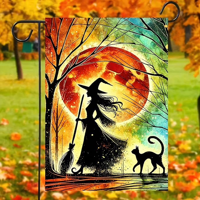 Halloween Garden Flag 12 X 18 Flag Witch And Black Cat Garden Flag Witch And Cat Design Moonlight Silhouette And Colorful Night Sky For Outdoor Yard And Patio Lawn Decoration Banner