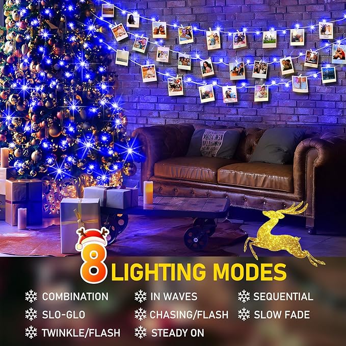 KNONEW Outdoor Christmas Lights 99ft 300 LED String Lights 8 Modes & Timer Fairy Light Plug in Waterproof LED String Lights for Xmas Yard Tree Wedding Party Holiday Decorations (Blue)