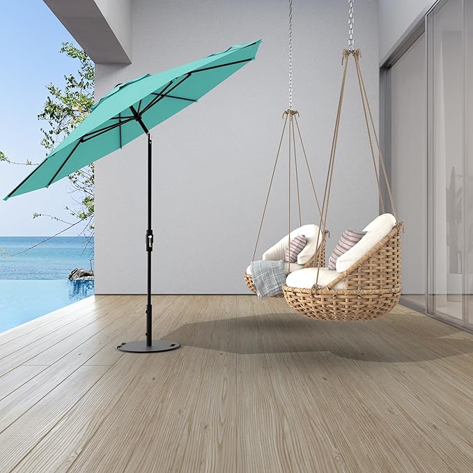 Midtown Umbrellas The Swilt 10 Feet Patio Umbrella in Sunbrella Aruba Acrylic Fabric - Fiberglass Ribs, Auto-Tilt Aluminum Frame For Backyard, Deck, Garden, Pool - White Pole
