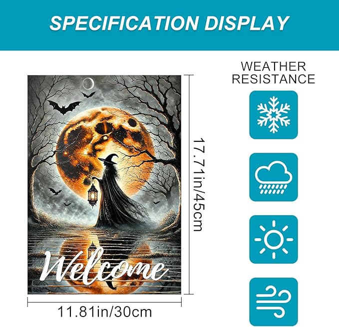 Halloween Garden Flag 12x18 Inch Witch Welcome Spooky Flag Full Moon Bats Haunted Outdoor Yard Decor House Banner Porch Lawn Patio Home Decoration