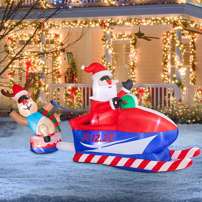 8.5 FT Christmas Inflatables Outdoor Decorations, Funny Christmas Inflatables Santa Claus and Elk Sits on a Snowmobile Blow Up Yard Decorations with Built-in Lights for Yard Lawn Garden Party Decor