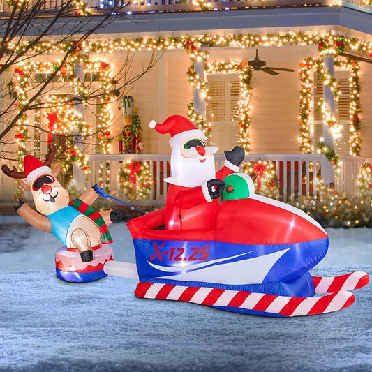 8.5 FT Christmas Inflatables Outdoor Decorations, Funny Christmas Inflatables Santa Claus and Elk Sits on a Snowmobile Blow Up Yard Decorations with Built-in Lights for Yard Lawn Garden Party Decor