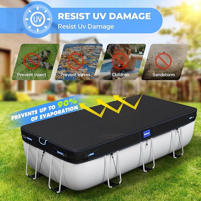 12x18 Ft Rectangular Pool Cover with Reflective Strips for Above Ground Pool, 420D Swimming Pool Cover for Rectangular or Oval Frame Pools, Solar Cover with Drawstring and Ground Nails