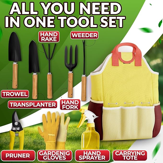 10 Pcs Garden Tool Set for Women – Ergonomic Lightweight Gardening Hand Tools with Convenient Little Bag, Sturdy Metal Garden Tools Set, Easy Handling for Outdoor Plant Care, Gardening Kit for Women