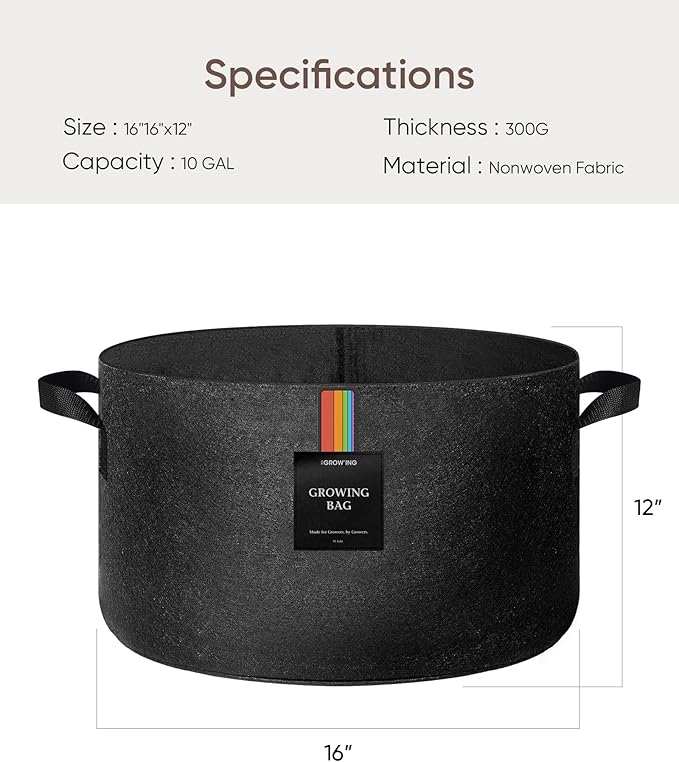 The Growing 5 Pack 10 Gallon Fabric Grow Bags，Thickened Aeration Nonwoven Fabric Plant Pots with Durable Handles,Heavy Duty 300G Planter Pot for Tomato, Fruits, Vegetables and Flowers, Black