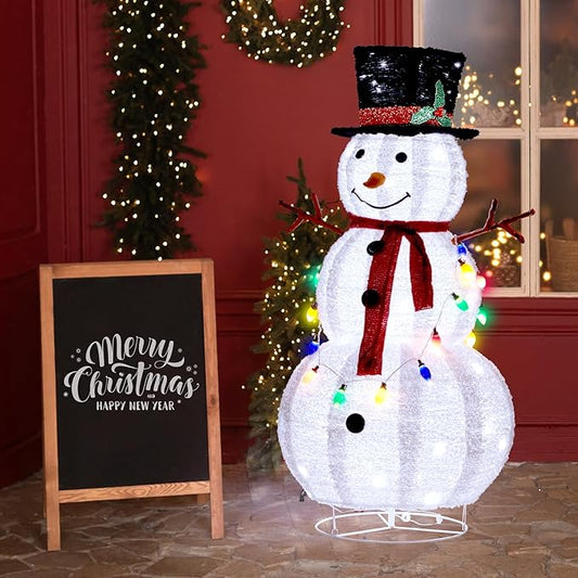 Outvita Outdoor Christmas Decorations 4ft Lighted Snowman, White Snowman with Twinkle Lights Red Scarf Black Hat & Colorful Lights, Foldable Snowman for Xmas Indoor and Outdoor Garden, Yard Decor