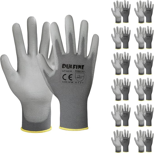 Safety Work Gloves PU Coated-12 Pairs,Grey Seamless Knit Glove with Polyurethane Coated Smooth Grip on Palm & Fingers, for Men and Women, Ideal for General Duty Work (Extra Large)