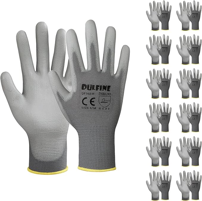 Safety Work Gloves PU Coated-12 Pairs,Grey Seamless Knit Glove with Polyurethane Coated Smooth Grip on Palm & Fingers, for Men and Women, Ideal for General Duty Work (Large)