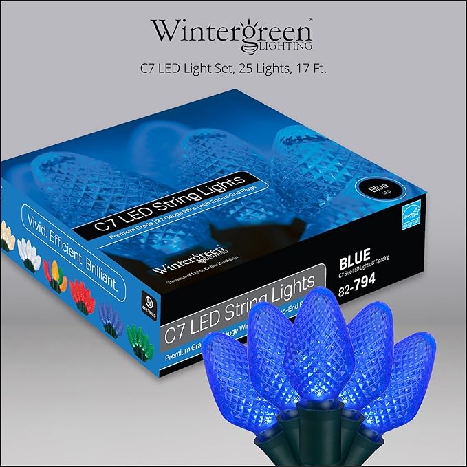 C7 LED Faceted Blue Prelamped Light Set, Green Wire - 25 C7 Blue LED Christmas Lights, 8" Spacing