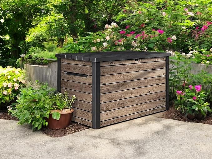 Stylish Indoor/Outdoor Storage Deck Box,Resin,Large Capacity, Weather-Resistant, Lockable lid and Side handles. (Rust Wood Brown, 230 Gallon)