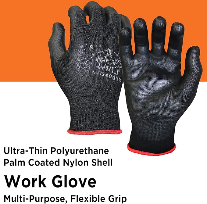 WOLF Polyurethane Palm Coated Nylon Shell Work Gloves, Construction, Mechanic, Warehouse, Yard Work, Gardening
