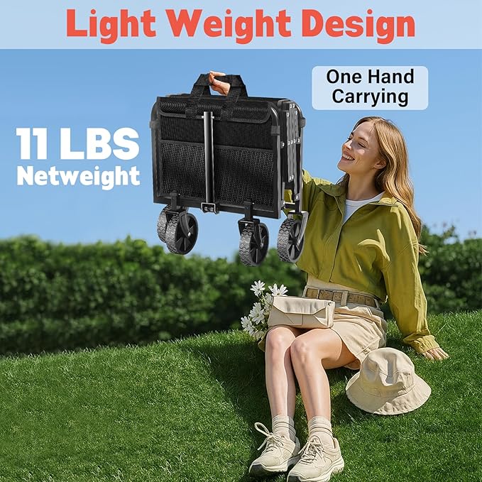 Wagons Carts Foldable,360 lbs Collapsible Wagon with Wheels Foldable Wagon Cart with Flexible Handle,Lightweight Portable Folding Cart for Camping Beach Picinic Grocery Outdoor Sports Shopping(Black)