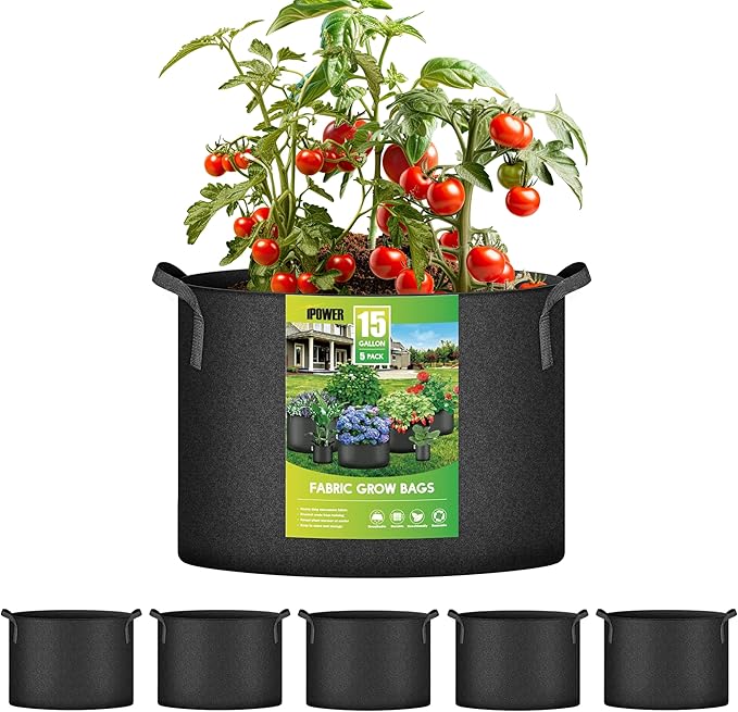 iPower 5-Pack 15 Gallon Plant Grow Bags Thickened Nonwoven Aeration Fabric Pots Heavy Duty Durable Container, Strap Handles for Garden, Black