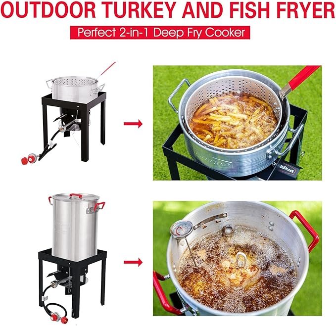 CreoleFeast TFS3010 Propane 30 Qt. Turkey and 10 Qt. Fish Fryer Boiler Steamer Set, 50,000 BTU Burner, Ideal for Outdoor Cooking