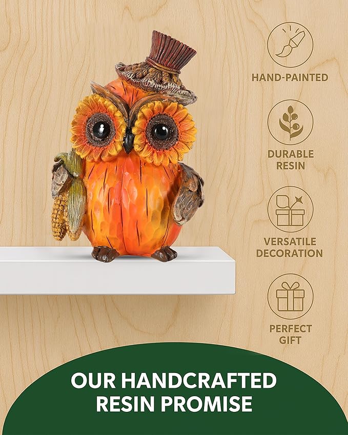 iStatue Set of 2 Thanksgiving Decorations Owl Figurines – Hand-Painted Resin Pumpkin Owls with Sunflower Eyes & Hats, 4.7” Fall Harvest Table Decor for Autumn Centerpiece (Yellow)