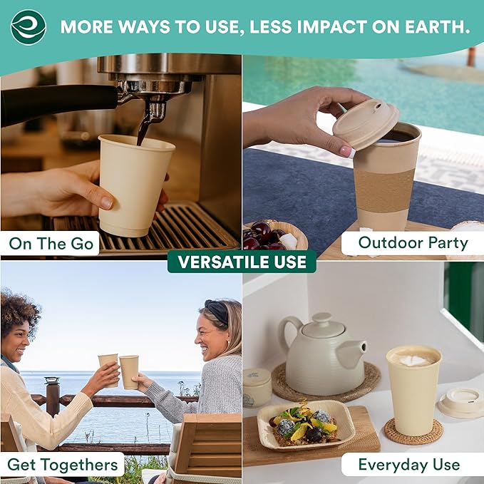 ECO SOUL 100% Compostable Plant-Based 16oz Hot Cups | (50 Count, 16 oz Hot Cups) | Disposable Bagasse Paper Cups | Eco-friendly Cups | Sturdy, Microwave & Oven Safe