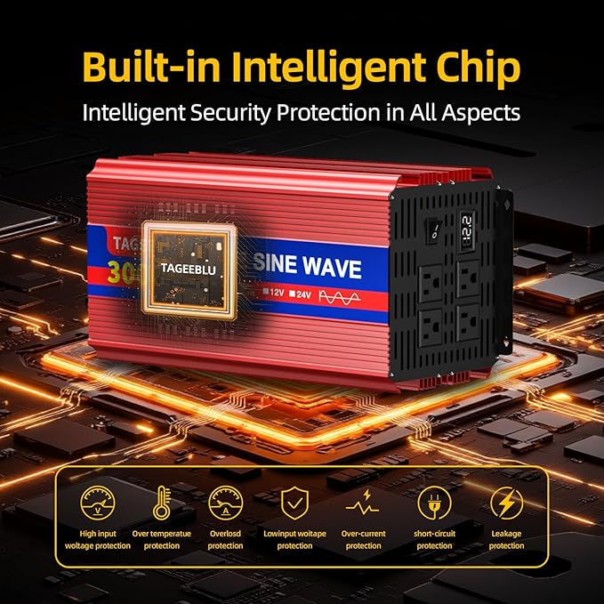 3000W Pure Sine Wave Inverter, 12V DC to 110V/120V AC Power Inverter for RV、Off Grid with 2 AC outlets and LCD Display