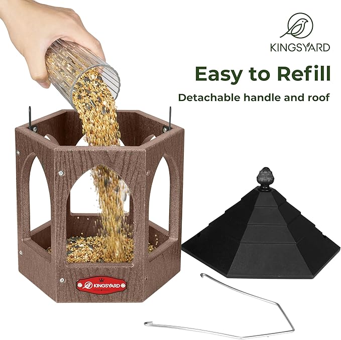 Kingsyard Platform Bird Feeder for Outdoor Hanging - Gazebo Style Recycled Plastic Wild Bird Feeding Station with Rain-Proof Roof & Metal Mesh Tray. Brown