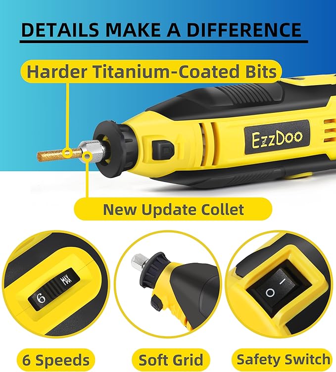 Electric Chainsaw Sharpener Kit with TITANIUM-COATED Diamond Bits - High-Speed Chain saw Sharpener Tool and 6 High Hardness Sharpening Wheels For All Chainsaw Chains.