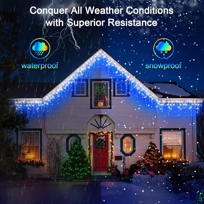 66FT 670 LED Outdoor Christmas Lights - 148 Ice Drops, 12 Pro Modes with Timer Memory & Brightness, Waterproof Hanging Ice String Light for Holiday Wedding Garden Fence House Decor (White & Blue)